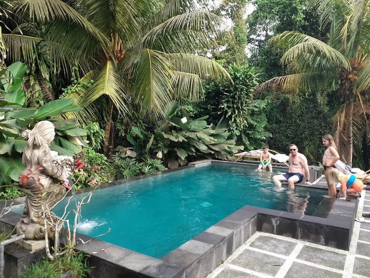 Coin piscine à débordement avec la forêt derrière